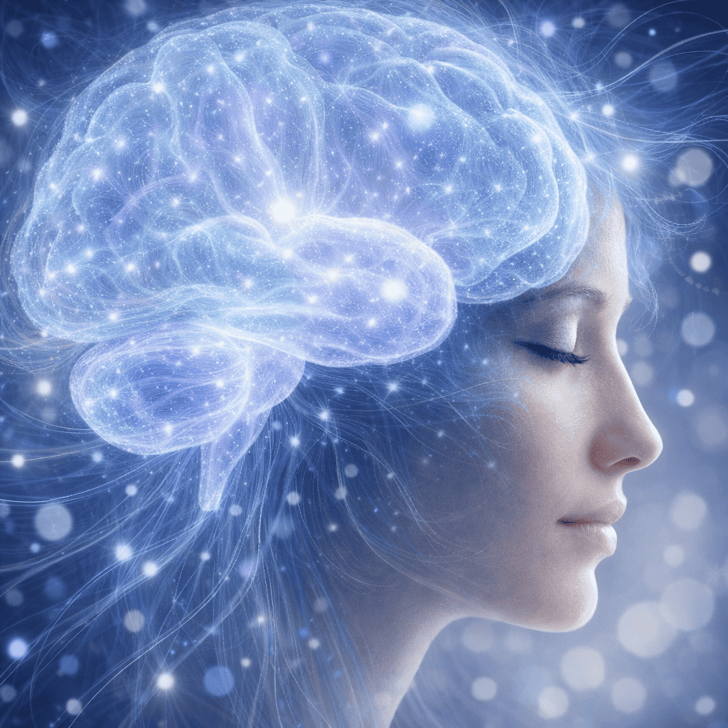 Mind-enhancing neural network with a glowing brain and a serene woman’s profile.
