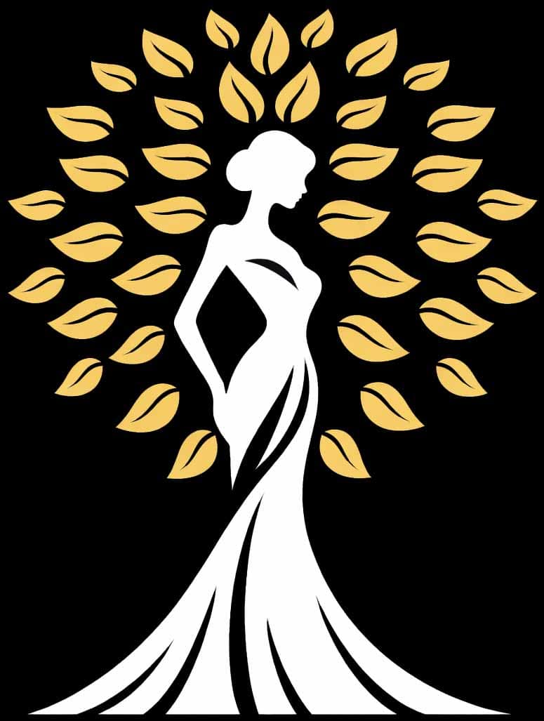 Elegant woman silhouette with gold leaves, fashion illustration for beauty and style, Daria Gatska design.